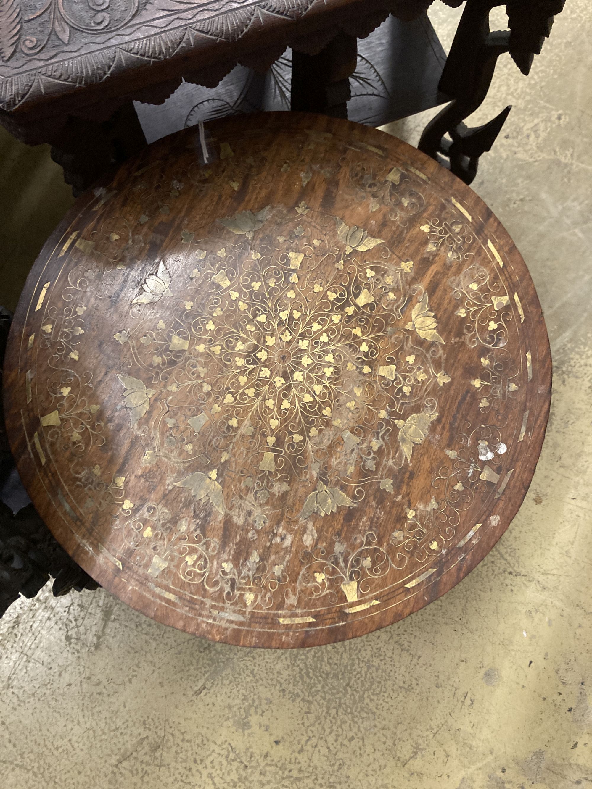 Two Asian carved occasional tables and an Indian table, largest width 66cm, depth 38cm, height 64cm